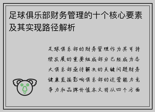 足球俱乐部财务管理的十个核心要素及其实现路径解析