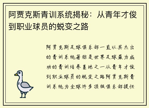 阿贾克斯青训系统揭秘：从青年才俊到职业球员的蜕变之路