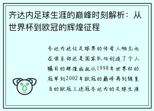 齐达内足球生涯的巅峰时刻解析：从世界杯到欧冠的辉煌征程